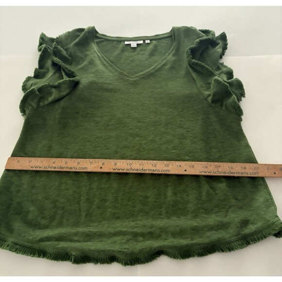 Chicos Linen Top Size M Green Ruffle Flutter Sleeve Relaxed Fringe Preppy Forest - Picture 12 of 16